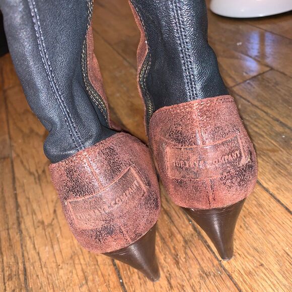 Vintage Frye Boot Rare Mikaela Brown Suede Black Leather Sexy Wooden Heel - Picture 8 of 10